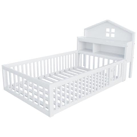 Letto Per Bambini 90x200cm, Con Vano Contenitore, Ripiani, Guida Per Quadri, Guida Di Sicurezza E Porta, Struttura In Legno Massiccio, Con Rete A Doghe, Bianco - Foto 2
