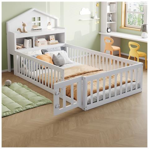 Letto Per Bambini 90x200cm, Con Vano Contenitore, Ripiani, Guida Per Quadri, Guida Di Sicurezza E Porta, Struttura In Legno Massiccio, Con Rete A Doghe, Bianco - Foto 1
