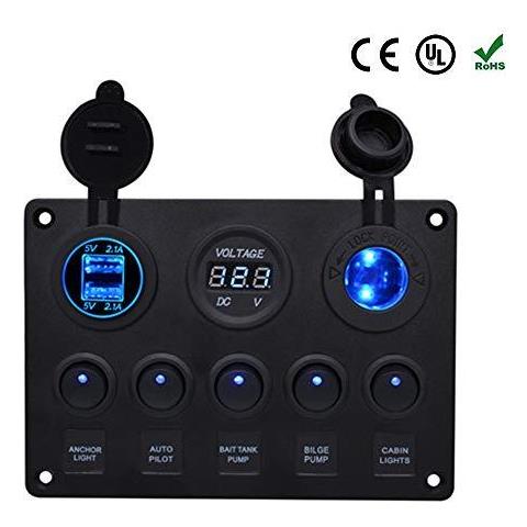 Barche Multi-funzioni Del Pannello - 5 Gang On-off Toggle Switch Panel Dual Usb 5v 2.1a Charger Led Visualizzazione Tensione 6-30v Accendisigari 12 24v Per Auto Marine Rv Truck Vehicles (blu)  - Foto 1