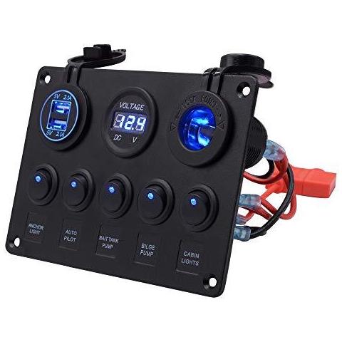 Barche Multi-funzioni Del Pannello - 5 Gang On-off Toggle Switch Panel Dual Usb 5v 2.1a Charger Led Visualizzazione Tensione 6-30v Accendisigari 12 24v Per Auto Marine Rv Truck Vehicles (blu)  - Foto 2