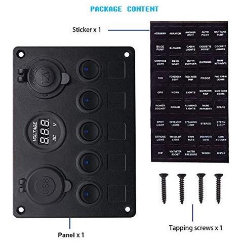 Barche Multi-funzioni Del Pannello - 5 Gang On-off Toggle Switch Panel Dual Usb 5v 2.1a Charger Led Visualizzazione Tensione 6-30v Accendisigari 12 24v Per Auto Marine Rv Truck Vehicles (blu)  - Foto 4