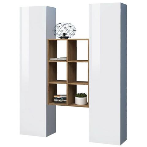 Credenza Franco, Set Da Soggiorno A 2 Ante E Ripiani, Buffet Da Soggiorno, Madia Da Cucina, 100% Made In Italy, Cm 140x30h180, Bianco Lucido E Acero - Foto 4