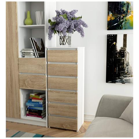 Cassettiera CL6, 6 cassetti, 40x35x109 cm, Colore Bianco e Sonoma Quercia - Foto 5