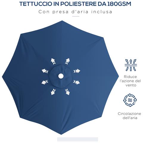 Ombrellone Da Giardino Ad Altezza Regolabile In Metallo E Poliestere, Ø292x242 Cm, Blu Scuro - Foto 6