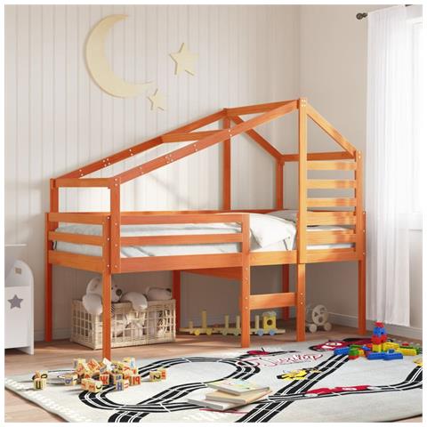 Tetto Letto Bambini Marrone Cera 198x97x113 Legno Massello Pino - Foto 1
