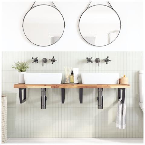 Ripiano A Parete Per Lavabo In Acciaio E Massello Di Acacia - Foto 2