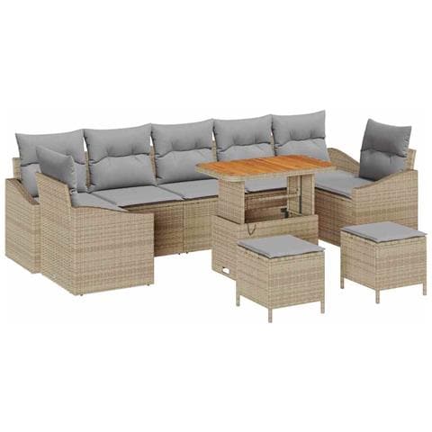 Set da Giardino da 10 Pezzi con Cuscini Beige Polyrattan Acacia, Divano da Giardino per 2 Persone con Cuscini Beige Polyrattan, Set da Pranzo da Giardino 3 Pezzi con Cuscini Beige Polyrattan Acacia - Foto 1