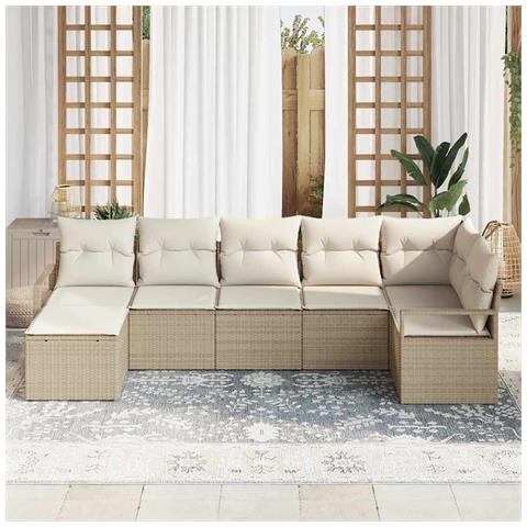 Set di divani da giardino  7 pezzi con cuscini Beige Polyrattan, Divano da giardino  2 posti con cuscini Beige Polyrattan - Foto 2