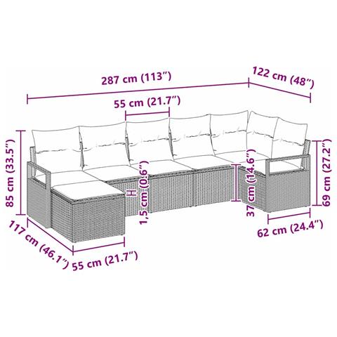 Set di divani da giardino  7 pezzi con cuscini Beige Polyrattan, Divano da giardino  2 posti con cuscini Beige Polyrattan - Foto 9