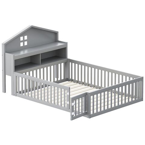 Letto Per Bambini 140x200cm, Con Contenitore, Ripiani, Guida Per Immagini, Guida Di Sicurezza E Porta, Struttura In Legno Massiccio, Con Rete A Doghe, Grigio - Foto 2