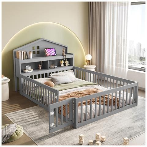 Letto Per Bambini 140x200cm, Con Contenitore, Ripiani, Guida Per Immagini, Guida Di Sicurezza E Porta, Struttura In Legno Massiccio, Con Rete A Doghe, Grigio - Foto 1