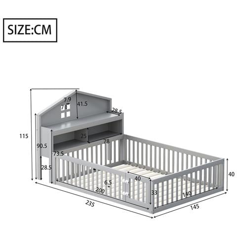 Letto Per Bambini 140x200cm, Con Contenitore, Ripiani, Guida Per Immagini, Guida Di Sicurezza E Porta, Struttura In Legno Massiccio, Con Rete A Doghe, Grigio - Foto 4