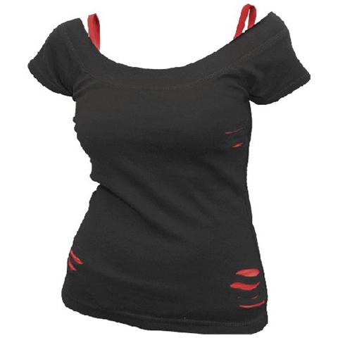 Spiral - Urban Fashion - 2in1 Red Ripped Top Black (Top Donna Tg. XL)  - Foto 1