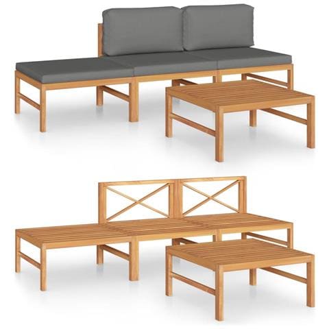 Set Divani Da Giardino 4pz Cuscini Grigi Legno Massello Di Teak - Foto 1