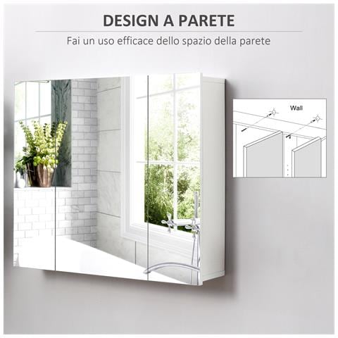 Armadietto Bagno Con 3 Ante Specchiate E Ripiani Regolabili, 70x15x60cm, Bianco - Foto 2