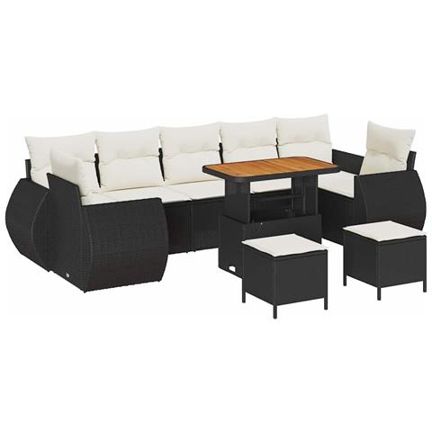 Set da Giardino da 10 Pezzi con Cuscini Rattan Polyrattan Nero Acacia,  Set di Pranzo da Giardino con 3 Pezzi Cuscini Rattan Polyrattan Nero Acacia - Foto 1