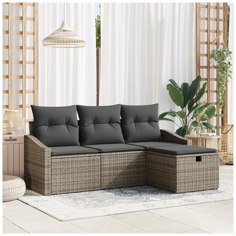 Set divano da giardino a 4 pezzi con cuscini grigio polirattan - Foto 2