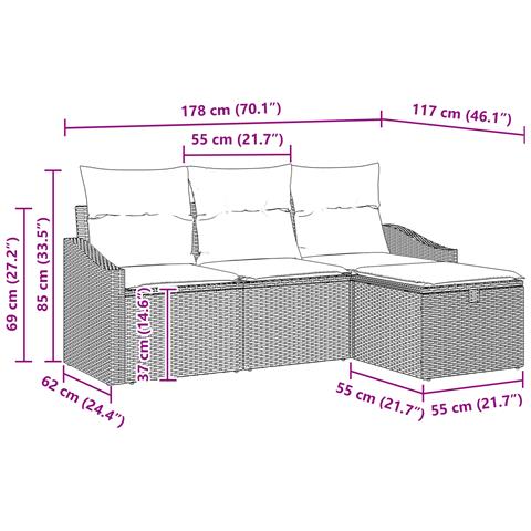 Set divano da giardino a 4 pezzi con cuscini grigio polirattan - Foto 9