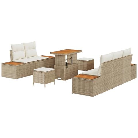 Set Divano da Giardino in 8 Pezzi con Cuscini Beige in Rattan Sintetico Acacia,  Set da Pranzo da Giardino in 3 Pezzi con Cuscini Beige in Rattan Sintetico Acacia - Foto 1