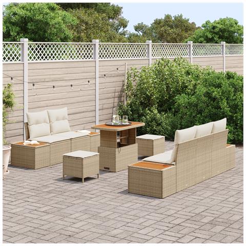 Set Divano da Giardino in 8 Pezzi con Cuscini Beige in Rattan Sintetico Acacia,  Set da Pranzo da Giardino in 3 Pezzi con Cuscini Beige in Rattan Sintetico Acacia - Foto 2