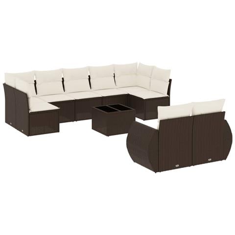 Set Divani da Giardino 10pz con Cuscini in Polyrattan Marrone - Foto 1