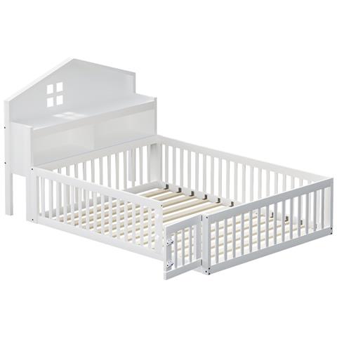 Letto Per Bambini 140x200cm, Con Contenitore, Ripiani, Guida Per Immagini, Guida Di Sicurezza E Porta, Struttura In Legno Massiccio, Con Rete A Doghe, Bianco - Foto 2