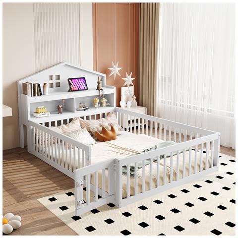 Letto Per Bambini 140x200cm, Con Contenitore, Ripiani, Guida Per Immagini, Guida Di Sicurezza E Porta, Struttura In Legno Massiccio, Con Rete A Doghe, Bianco - Foto 1