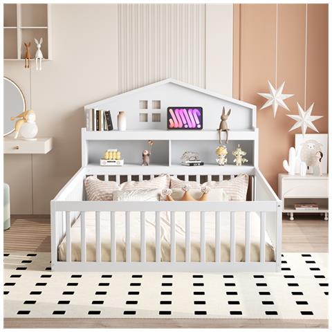 Letto Per Bambini 140x200cm, Con Contenitore, Ripiani, Guida Per Immagini, Guida Di Sicurezza E Porta, Struttura In Legno Massiccio, Con Rete A Doghe, Bianco - Foto 4