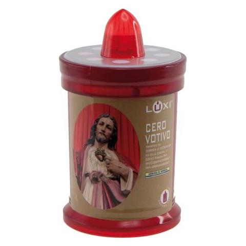 Cero Votivo Elettrico Luxì Santissimo Gesù Rosso. Accensione E Spegnimento Manuale. Batterie Incluse Nella Confezione E Sostituibili. Dimensioni Prodotto (cm) : H 11 - Diametro 6,5 - Foto 1