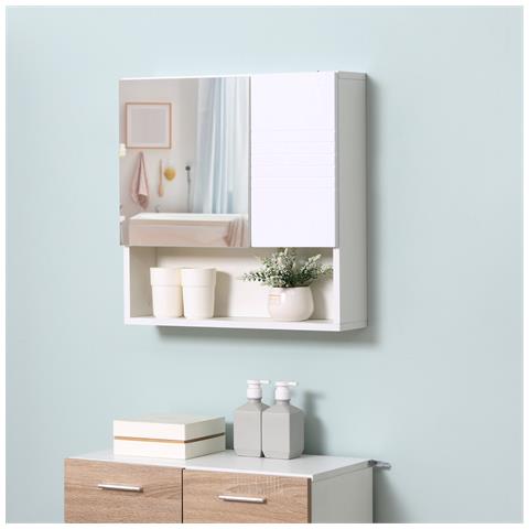 Armadietto Specchiera Bagno, Mobiletto Bagno Pensile Con Fissaggio A Muro, 54x15x55cm, Bianco - Foto 2