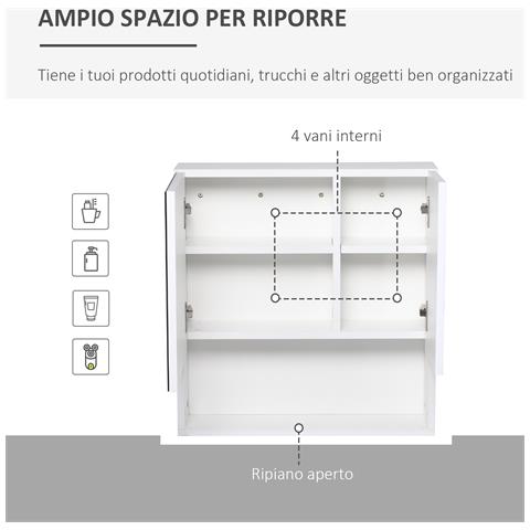 Armadietto Specchiera Bagno, Mobiletto Bagno Pensile Con Fissaggio A Muro, 54x15x55cm, Bianco - Foto 6