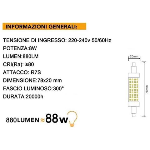 Lampadina Led Luce Naturale Attacco R7s 8 Watt Lampada Ricambio Per Faro 4000k - Foto 3