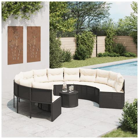 Divano Giardino Con Tavolo E Cuscini Circolare Nero Polyrattan - Foto 8