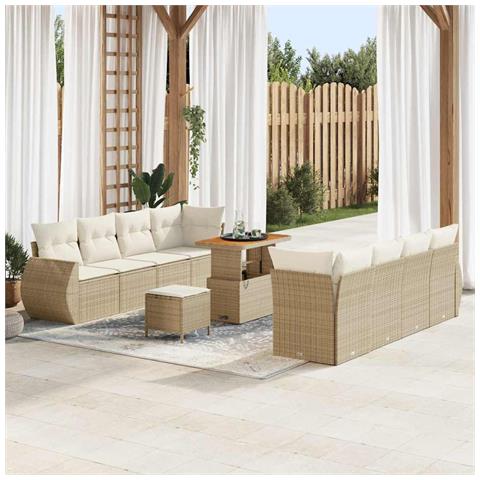 Set da Giardino da 11 Pezzi con Cuscini Beige in Rattan Sintetico e Acacia, Set da Pranzo da Giardino da 3 Pezzi con Cuscini Beige in Rattan Sintetico e Acacia - Foto 2