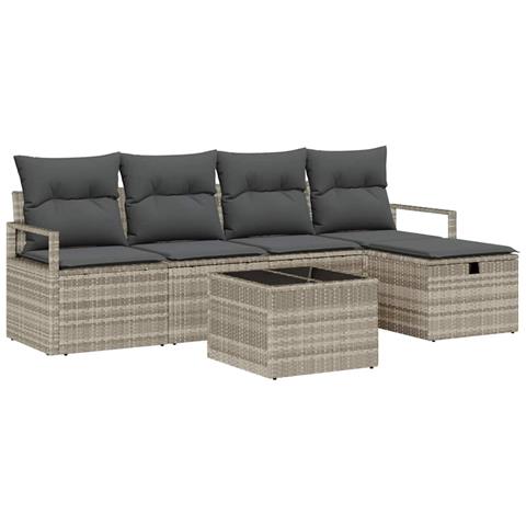 Set divano da giardino 6 pezzi con cuscini Grigio chiaro Polyrattan,  Divano da giardino 2 posti con cuscini Grigio Polyrattan - Foto 1