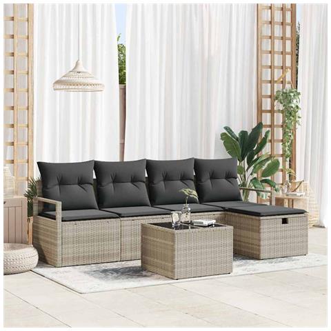 Set divano da giardino 6 pezzi con cuscini Grigio chiaro Polyrattan,  Divano da giardino 2 posti con cuscini Grigio Polyrattan - Foto 2