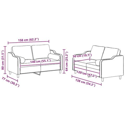 Set di Divani 2 pz con Cuscini Rosso Vino in Tessuto - Foto 8