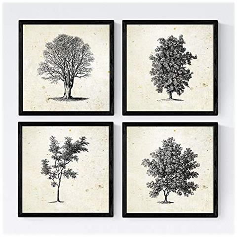 Set Di 4 Stampe Fogli Di Alberi Alberi Senza E Con Foglia Di Taglia Vecchio Sfondo Carta Poster Carta E Inchiostri Senza Cornice 20x20 Cm - Foto 1