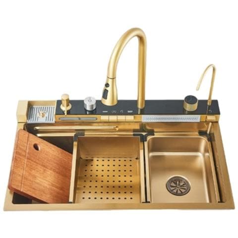 Set lavello da cucina multifunzionale, rubinetto e accessori, Blackswan, tipo BG, modello oro opaco, rubinetti a cascata e per acqua purificata, display digitale, lavabicchieri e porta detersivo, dimensioni 75 x 45 cm - Foto 1