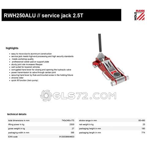 Cric A Carrello In Alluminio 2.5 Ton Sollevatore Idraulico Holzmann Rwh250alu - Foto 2