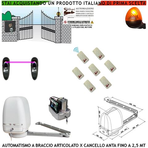 Cancello Elettrico Kit Motore A Braccio Articolato 220/24 V Anta Battente Da 0,5 A 2,5 Mt Centrale 7 Radiocomandi Faro - Foto 1