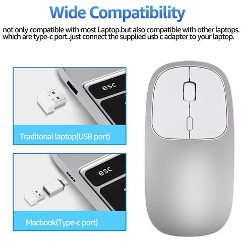 Mouse Ottico Wireless Silenzioso Bnh-wl-59: Bluetooth 5.0 + 2.4g, Ricaricabile, Dpi Regolabile Silver - Foto 2