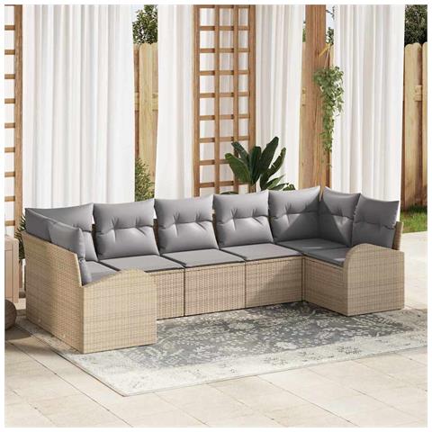 Set di Divani da Giardino 7 Pezzi con Cuscini Beige Polyrattan, Divano da Giardino a Due Posti con Spazio di Archiviazione e Cuscini Beige Polyrattan - Foto 2