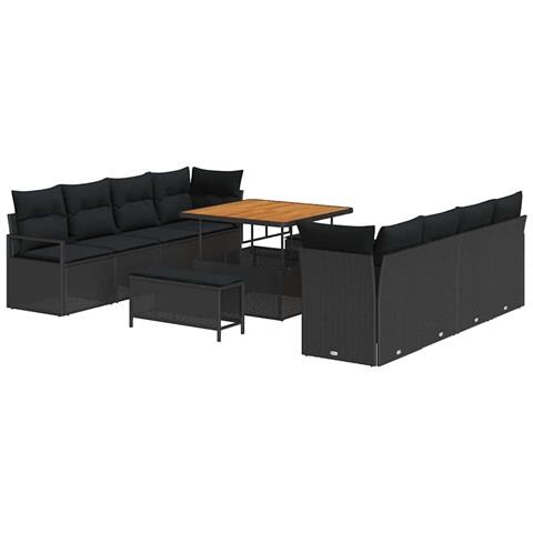Set di Sofà da Giardino 11 Pezzi con Cuscini Polyrattan Nero Acacia, Sofà da Giardino 2 posti con Ripostiglio & Cuscini Polyrattan Nero, Set da Pranzo da Giardino 3 Pezzi con Cuscini Polyrattan Nero Acacia - Foto 1