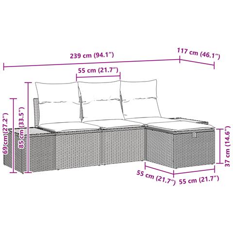 Set Divano da Giardino con Cuscini Grigio in Rattan Polietilene a 4 Pezzi - Foto 9