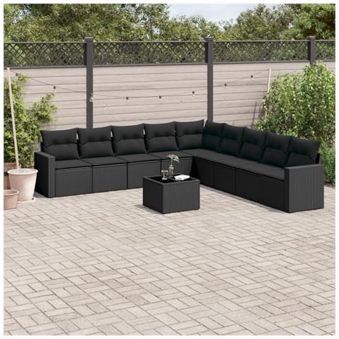 Set Divani da Giardino 10pz con Cuscini in Polyrattan Nero - Foto 2