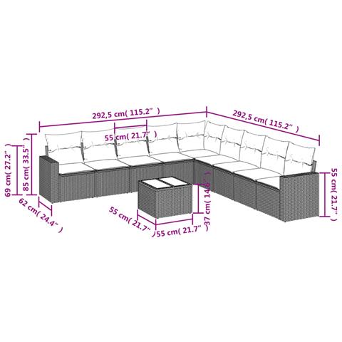Set Divani da Giardino 10pz con Cuscini in Polyrattan Nero - Foto 3