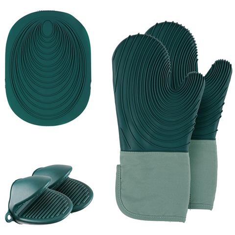 Set Di Guanti Da Forno Resistenti Al Calore - 2 Guanti Verde Scuro, 2 Pinze A Squalo E Sottopentola In Silicone Green - Foto 1