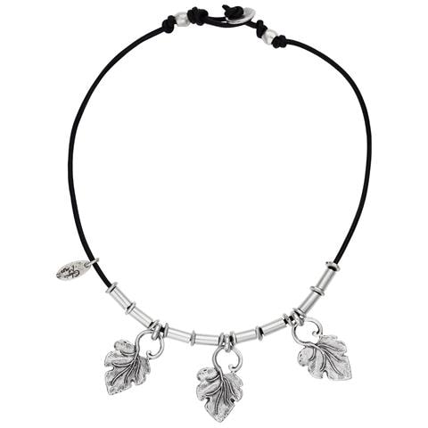 Collana In Pelle Con Pendenti A Forma Di Foglia Placcati In Argento, 40 Cm - Foto 1