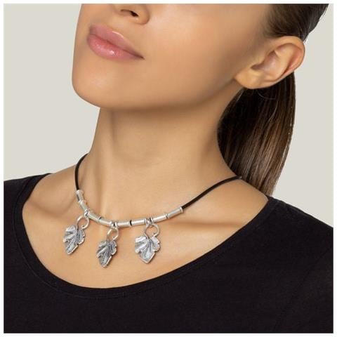 Collana In Pelle Con Pendenti A Forma Di Foglia Placcati In Argento, 40 Cm - Foto 2